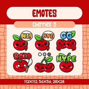 Könnte beinhalten: Eine Sammlung von Kirsch-Emotes mit verschiedenen Ausdrücken und Textblasen. Die Emotes enthalten "Hi!", "Bye", "GG", "Raid" und "Hype". Das Bild hat ein rotes und pfirsichfarbenes Farbschema.