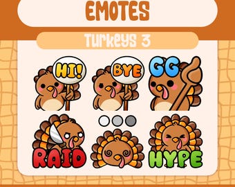6 Kawaii Turkey Emotes Pack for Twitch and Discord, Funny Thanksgiving Reaction Emote Set with Hi Bye GG Raid Hype Signs and Dizzy Faces