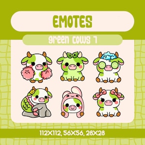 6 Kawaii Green Cow Emotes Pack for Twitch and Discord Streamers, Cute Cow Emote Set with Cheer Spa Mermaid Bunny and Girly Vibes