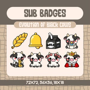 Könnte beinhalten: Eine Sammlung von Cartoon-Sub-Badges zum Thema Kühe. Die Badges zeigen eine Weizenähre, eine Glocke, einen Milchkarton und verschiedene Kuh-Illustrationen mit verschiedenen Accessoires. Der Text "SUB BADGES" und "EVOLUTION OF BLACK COWS" sind zu sehen.