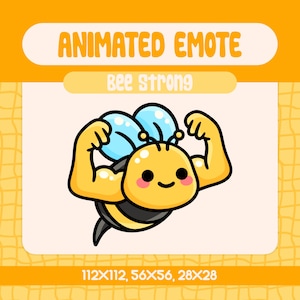 May include: Animated emoji of a yellow bee with blue wings flexing its biceps. The bee has a happy expression and is saying "Bee strong".