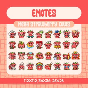 32 Kawaii Strawberry Cow Emotes for Twitch and Discord Streamers, Ultimate Cute Cow Emote Bundle with Cozy Food and Text Reactions