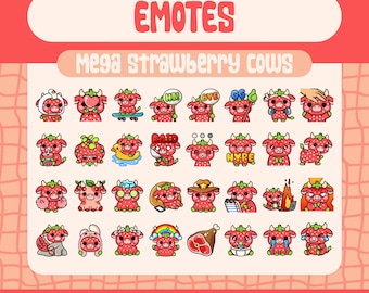 32 Kawaii Strawberry Cow Emotes for Twitch and Discord Streamers, Ultimate Cute Cow Emote Bundle with Cozy Food and Text Reactions