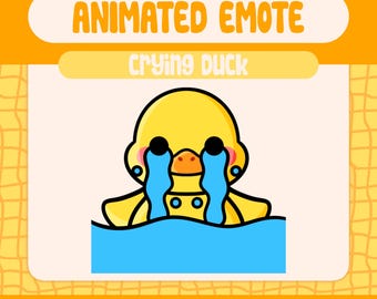 May include: An animated emote of a yellow duck with black eyes and blue tears. The duck is in a blue body of water. The image includes the text "ANIMATED EMOTE" and "crying duck".