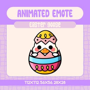 Geanimeerde emote paasgans voor Twitch and Discord, schattige witte gans die uit een pastelkleurig ei springt voor lentevieringen en feestdagen