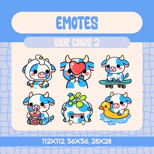 6 Kawaii Blue Cow Emotes Pack for Twitch and Discord Streamers, Cute Cow Emote Set with Boba Duck Egg Skate and Heart Reactions