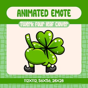 Kawaii Twerk Four Leaf Clover Animated Emote for Twitch and Discord, Funny and Lucky Shamrock Emote for St. Patrick&#39;s Day Streams