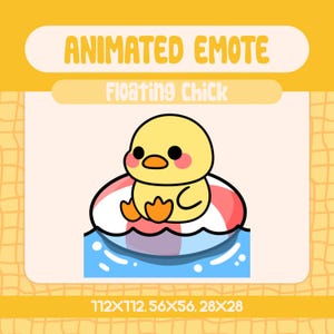 Puede incluir: Emoticono animado de un pollito amarillo con ojos negros y pico naranja, flotando en una boya roja y blanca en agua azul. El texto "Floating Chick" está encima de la imagen.