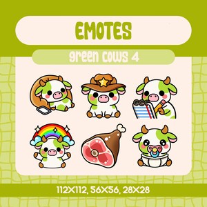 6 Kawaii Green Cow Emotes Pack for Twitch and Discord Streamers, Cute Cow Emote Set with Rainbow Baby Sheriff Meat and Cozy Vibes