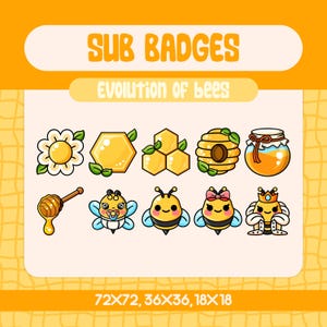 Puede incluir: Un conjunto de 10 insignias de abejas de dibujos animados, que muestran la evolución de las abejas desde una flor hasta una abeja con una corona. Las insignias son de diferentes tamaños, siendo la más grande de 72x72 píxeles y la más pequeña de 18x18 píxeles. El texto "SUB BADGES" y "EVOLUTION OF BEES" está en la parte superior de la imagen.
