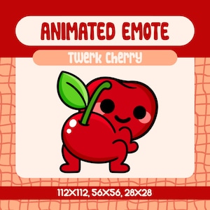 Könnte beinhalten: Animierter Emote mit einer Cartoon-Kirsche mit grünem Blatt und Stiel. Die rote Kirsche hat ein lächelndes Gesicht und ist mit "Twerk Cherry" beschriftet. Das Bild enthält Größenangaben: 112x112, 56x56, 28x28.