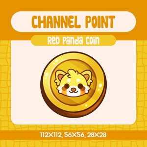 Emote de puntos de canal de moneda dorada de panda rojo kawaii para streamers de Twitch, superposición de Twitch de bosque acogedor con recompensa de animal adorable