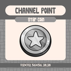 Puede incluir: Una moneda de plata con una estrella blanca en el centro. La moneda tiene el texto "CHANNEL POINT" y "star coin" en ella. La moneda está rodeada por un contorno negro.