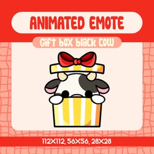 Kawaii Gift Box Black Cow Animated Emote For Twitch And Discord Cute Cow Surprise Pop Up Emote Perfect For Christmas Streams