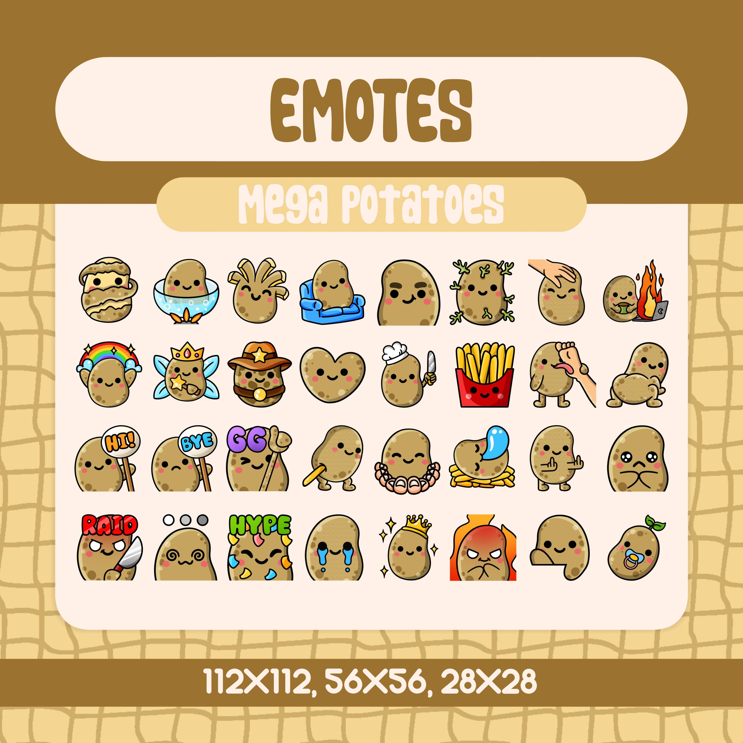 TwitchとDiscord用の32個のかわいいメガポテト絵文字パック、チャットで遊び心のある反応をするための面白くて愛らしいポテト絵文字セット -  Etsy 日本