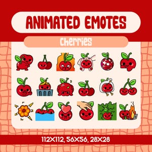 Könnte beinhalten: Eine Sammlung animierter Kirsch-Emotes mit verschiedenen Ausdrücken und Designs. Das Bild zeigt den Text "ANIMATED EMOTES" und "Cherries" in einem rot-orangen Farbschema. Das Bild enthält auch die Abmessungen 112x112, 56x56 und 28x28.