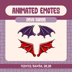 May include: Animated devil wings in red and purple. The wings are in different sizes, with the largest being 112x112 pixels, the medium being 56x56 pixels, and the smallest being 28x28 pixels.