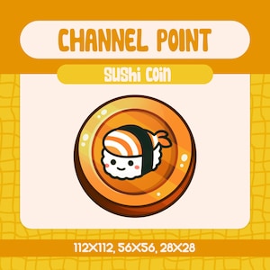 Op de afbeelding: Een cartoon sushi-munt met een glimlachend gezicht op een bord. De munt is oranje en de sushi is wit met oranje strepen en een zwarte zeewierwikkel. De tekst "CHANNEL POINT" en "Sushi Coin" staat boven de munt. De tekst "112×112, 56×56, 28×28" staat onder de munt.