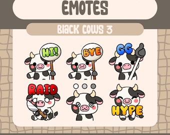 Pacchetto di emoticon Kawaii Black Cow, reazioni agli streaming di Twitch e Discord