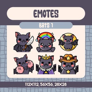 Kawaii Bat Emote Pack for Twitch and Discord, Cute Vampire Bat with Knife, Rainbow, Cheer, Crown and Cowboy Emotes for Spooky Streams