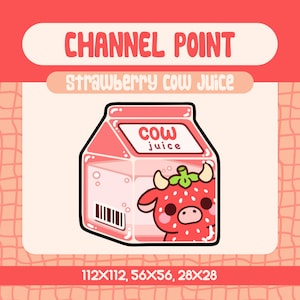 Ícone de ponto de canal de suco de vaca com morango Kawaii para streamers do Twitch, emote fofo de caixa de leite rosa, recompensa de vaca aconchegante para amantes de animais
