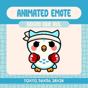 Kawaii Boxing Blue Owl Animated Emote for Twitch, Fighting Owl Emote for Rage and Battle Reactions