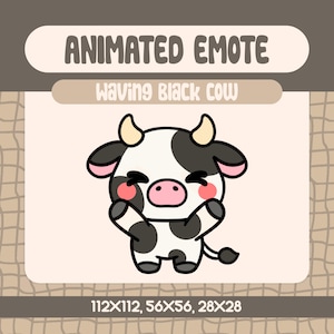 Kawaii Waving Black Cow Animated Emote For Twitch And Discord, Cute Hello Cow Greeting Emote For Welcoming Viewers And Cozy Streams