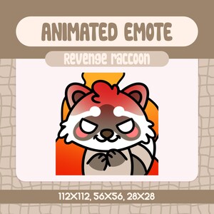 Puede incluir: Emoticón animado con un mapache de dibujos animados con una expresión vengativa. El mapache tiene pelaje rojo y marrón, detalles blancos y una mirada amenazante. El texto "Revenge raccoon" está encima de la imagen, con dimensiones.