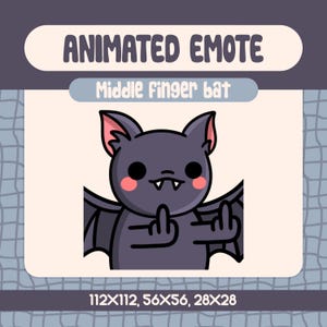 Può includere: Emoji animato di un pipistrello viola con guance rosa che fa il dito medio. Il pipistrello è mostrato in tre diverse dimensioni: 112x112, 56x56 e 28x28.