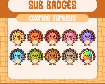 Kawaii Coloring Turkey Emotes for Twitch, Colorful Thanksgiving Sub Badges for Streamers, Cute Rainbow Turkey Emote Pack for Cozy Streaming