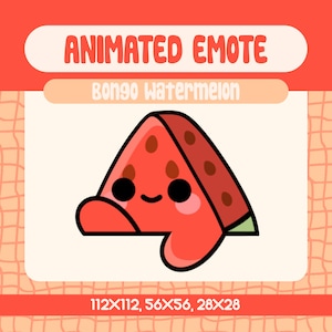 Pode incluir: Emote animado com uma fatia de melancia de desenho animado com um rosto sorridente e um gesto de mão. A melancia é vermelha com sementes marrons escuras e casca verde. O texto "ANIMATED EMOTE" e "Bongo Watermelon" são exibidos.