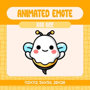 May include: Animated emoji of a ghost wearing a bee costume. The ghost is white with a yellow and black striped abdomen. The ghost has a smiling face with two black eyes and pink cheeks. The text "Boo Bee" is above the image.