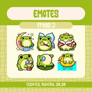 Peut inclure: Six émojis de grenouilles de dessin animé avec différentes expressions et accessoires. Les émojis sont disposés en grille avec le texte "EMOTES" et "FROGS 2" au-dessus de la grille. Le texte "112X112, 56X56, 28,28" est sous la grille.
