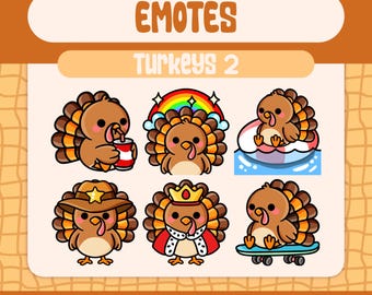 6 Kawaii Turkey Emotes Pack for Twitch and Discord, Cute Thanksgiving Reaction Emote Set with Floaty, Rainbow, Boba Drink and Cowboy Hat