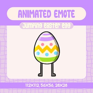 May include: Animated Easter egg emote with a purple, yellow, green, and white striped pattern. The egg has two black legs and is standing upright. The text "Jumping easter egg" is above the egg. The text "112x112, 56x56, 28x28" is below the egg.