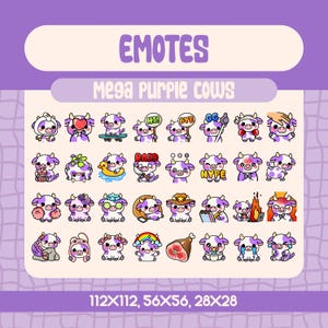 32 Kawaii Purple Cow Emotes for Twitch and Discord Streamers, Ultimate Cute Cow Emote Bundle with Cozy Food Girly and Text Reactions