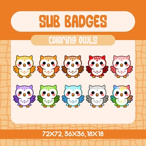 Colorful Owl Sub Badges for Twitch, Cute Kawaii Bird Badge Set, Coloring Owl Twitch Subscriber Badges for Streamers
