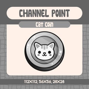 Może przedstawiać: Obraz w skali szarości przedstawiający monetę z kocim pyszczkiem pośrodku. Moneta otoczona jest tekstem "CHANNEL POINT" i "cat coin". Obraz zawiera również wymiary: 112x112, 56x56 i 28x28.