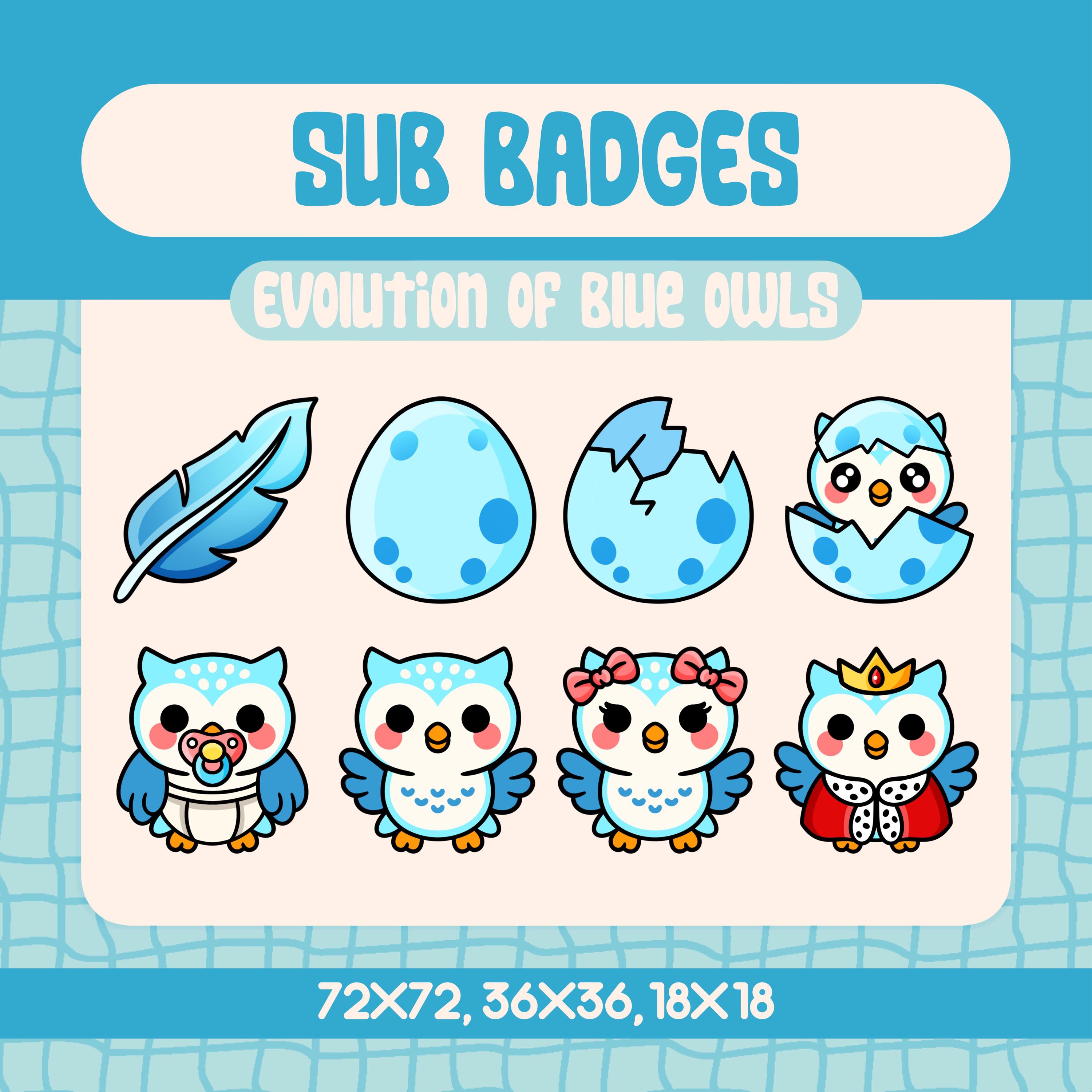 Kawaii Blue Owl Evolution Twitch Sub Badges (Digital Download)