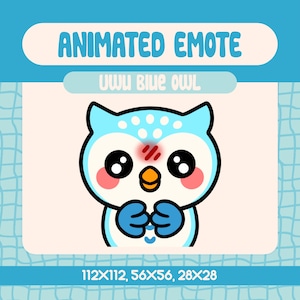 Kawaii Blue Owl Uwu Animated Emote for Twitch, Shy and Blushing Bird Emote for Streamers and Discord, Cute Emotional Reaction