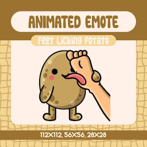 May include: Animated emote of a brown potato with a cute face licking a foot. The potato is standing on two legs and has a pink blush on its cheeks. The foot is light skin tone and has a brown ankle bracelet. The text "Feet Licking Potato" is above the image. The text "112×112, 56×56, 28×28" is below the image.