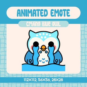 Crying Blue Owl Animated Emote For Twitch And Discord, Cute Owl With Big Tears Emote For Sad Moments, Emotional Streams And Reactions