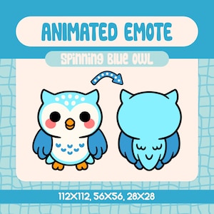 Spinning Blue Owl Emote for Twitch and Discord, Kawaii Animated Owl Turning Head Loop, Cute Bird Stream Asset