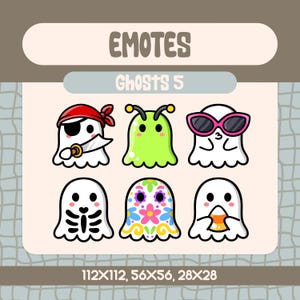 May include: A collection of six cartoon ghost emotes with various designs. One is a pirate, another is green with antennae, and a third wears sunglasses. The text "EMOTES" and "Ghosts 5" are displayed.