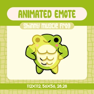 Puede incluir: Emoticono animado de una rana verde con la barriga amarilla flexionando sus músculos. El texto "Skinny muscle frog" está por encima de la rana y el texto "112X112, 56X56, 28,28" está debajo de la rana.