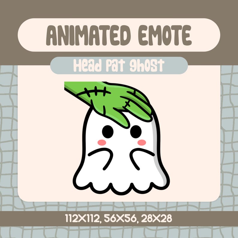 Kawaii Ghost Head Pat Animated Emote for Twitch and Discord, Cute Blushing Ghost with Frankenstein Hand for Halloween Streams