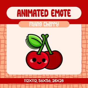 Flying Cherry Animated Emote for Twitch, Cute Fruit Reaction Emote for Streamers and Discord, Happy Kawaii Cherry Emote