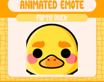 May include: Animated emote of a yellow duck face with black eyes, orange beak, and pink blush. The text "Animated Emote" and "Flirty Duck" are displayed above the duck face. Image dimensions are 112x112, 56x56, and 28x28 pixels.