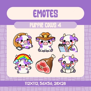 6 Kawaii Purple Cow Emotes Pack for Twitch and Discord Streamers, Cute Cow Emote Set with Rainbow Baby Sheriff Meat and Cozy Vibes