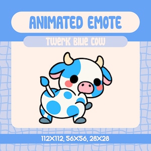 Émoticône animée vache bleue twerk kawaii pour Twitch et Discord, émoticône vache drôle danse du butin pour réactions hype et moments mèmes